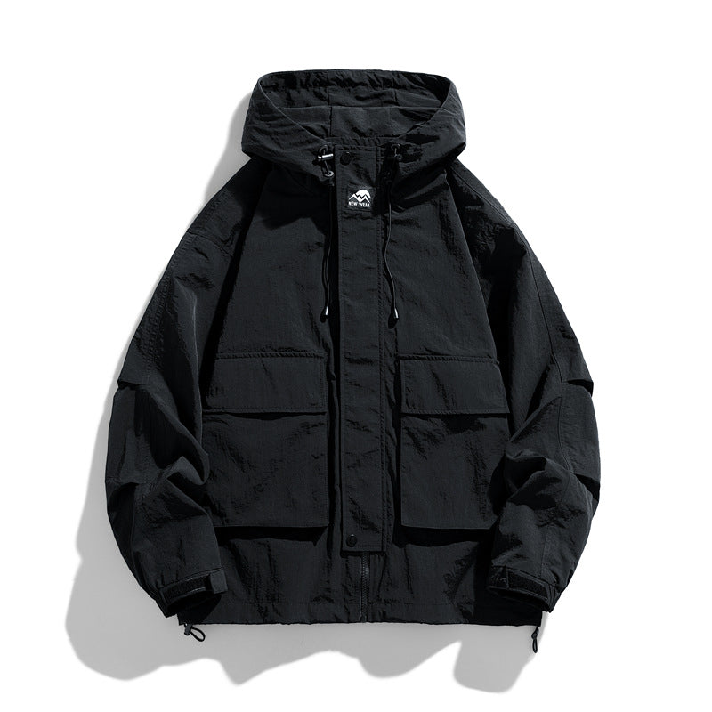 Outdoor Windproof Waterproof Hooded Jacket Loose Fit Workwear Style