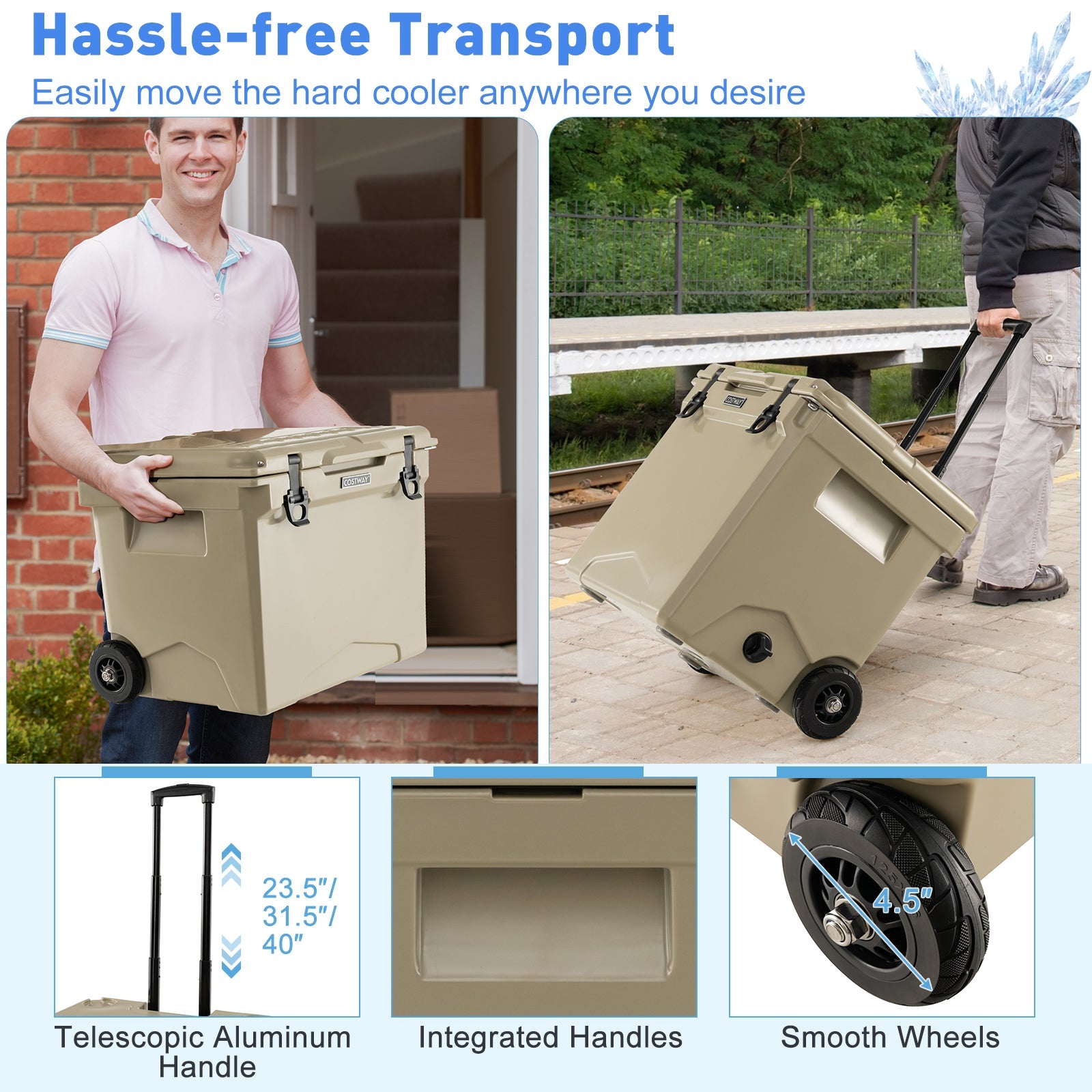 42 Quart Hard Cooler with Wheels and Handle-Tan